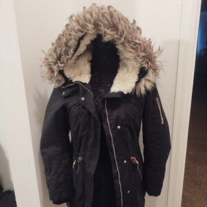 Black Parka with Faux Fur Hood